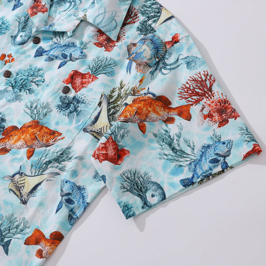 Men's Fish Print Hawaiian Shirt, Coastal Camp Collar Cotton