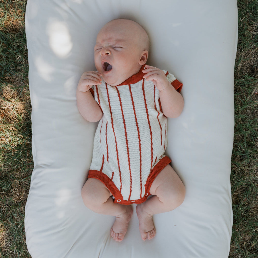 Unisex Knit Romper in Off-White and Red Pinstripe