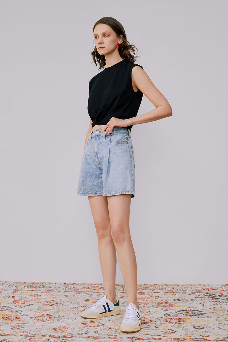 Light Blue Pleated Short Jeans for All