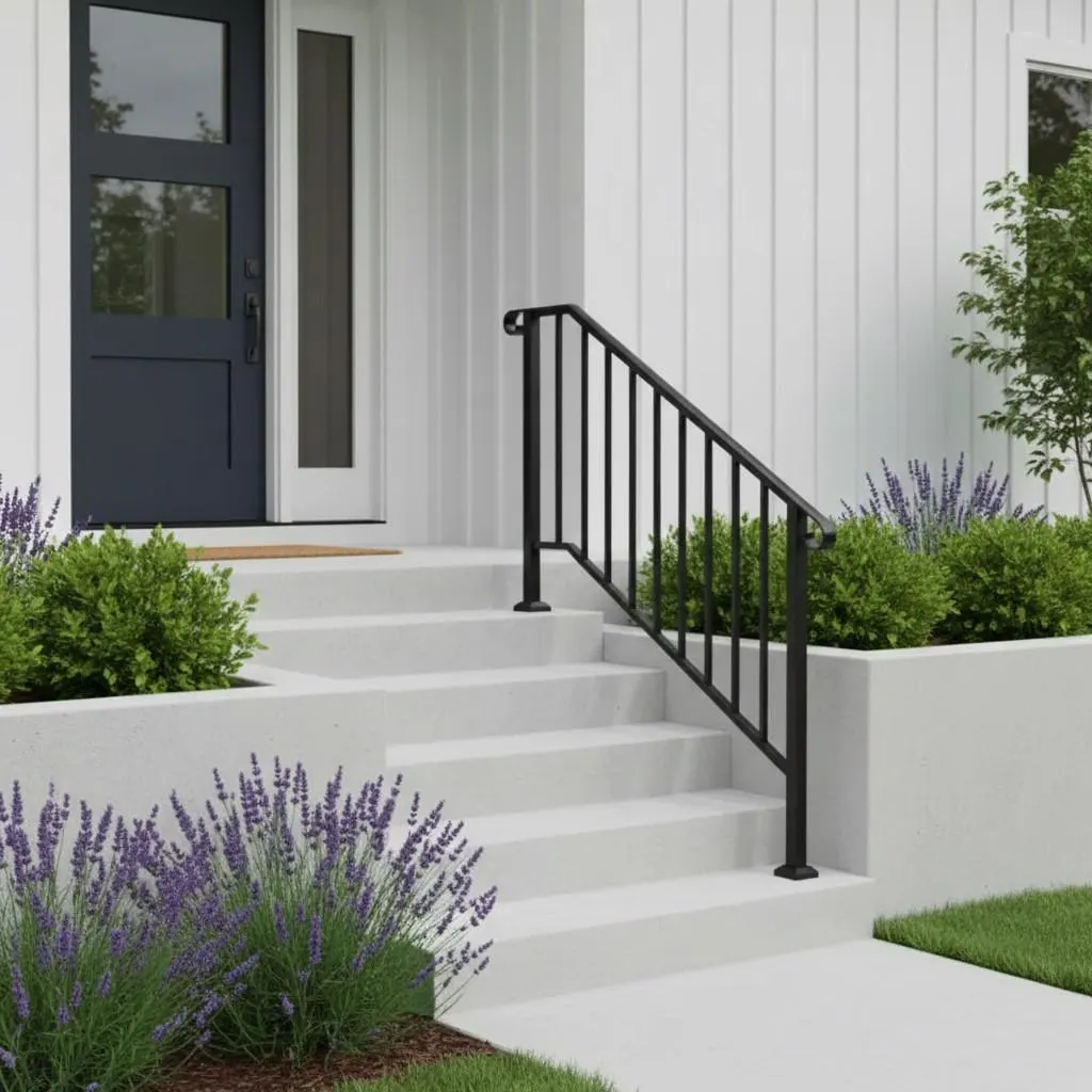 Adjustable Outdoor Stair Handrail for 1–4 Steps, Black Steel Railing