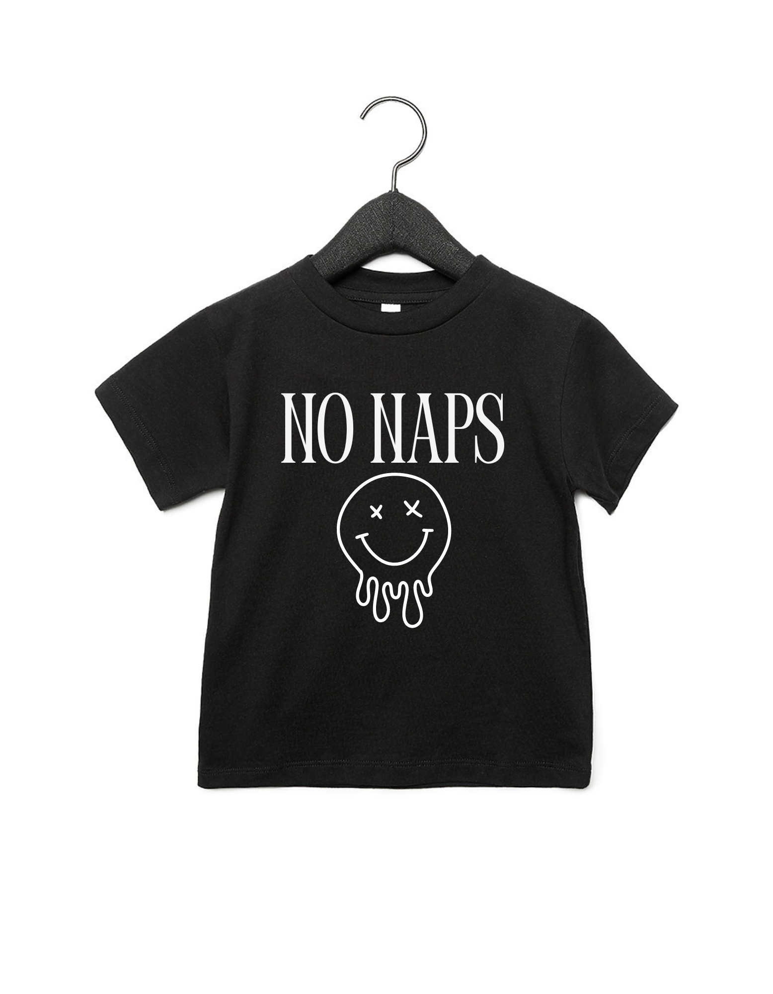 Kids black and white graphic tee with No Naps text