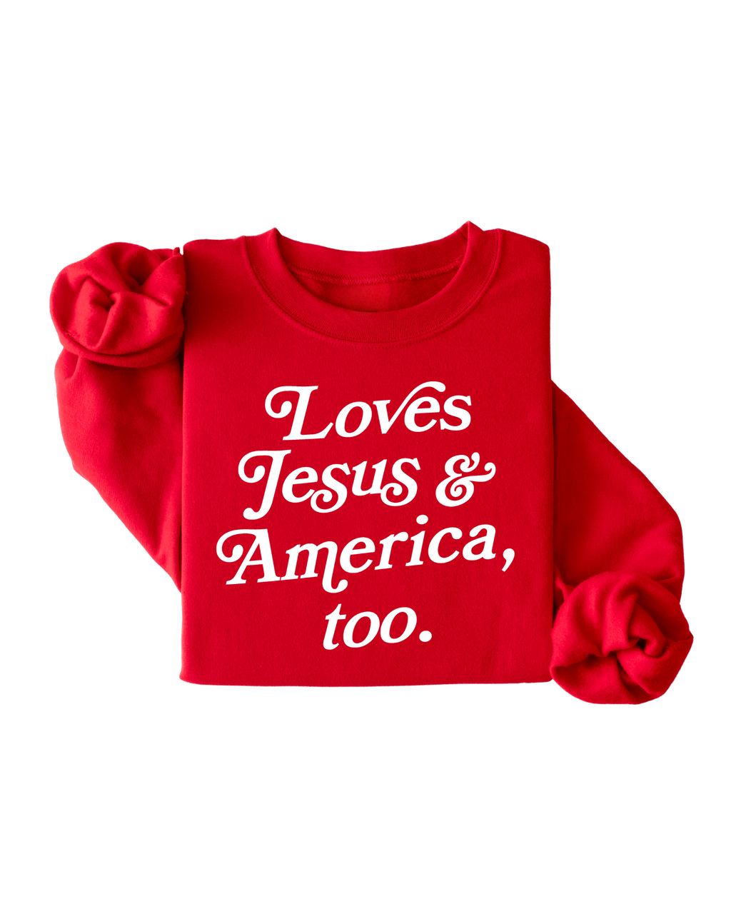 Women's red and white Loves Jesus and America pullover sweatshirt