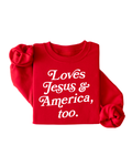 Women's red and white Loves Jesus and America pullover sweatshirt