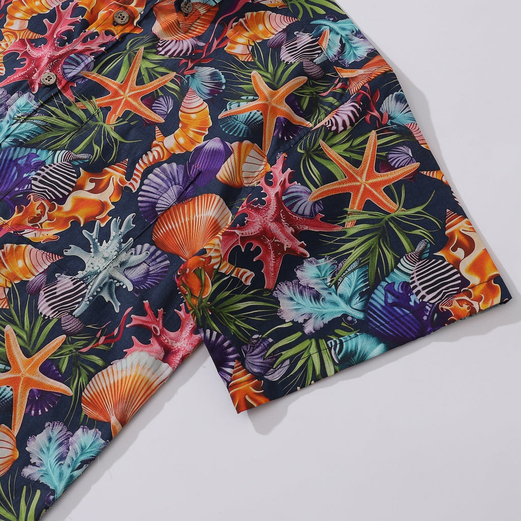 Marine Life Print Men’s Tropical Hawaiian Cotton Button-Down