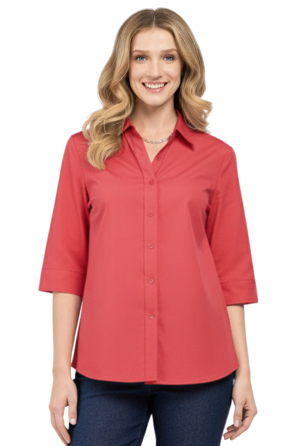 Women wearing a solid color 3/4 sleeve cotton camp shirt with a collared button-down front.