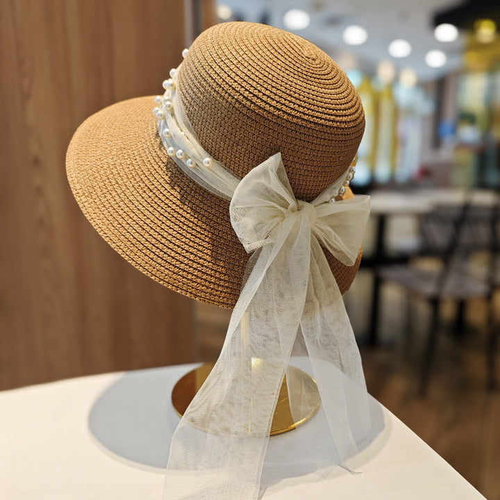 Women's Straw Sun Hat with White Bow - UV Protective Beach Visor