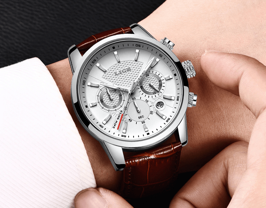 Men's Waterproof Chronograph Sport Watch with Leather Strap