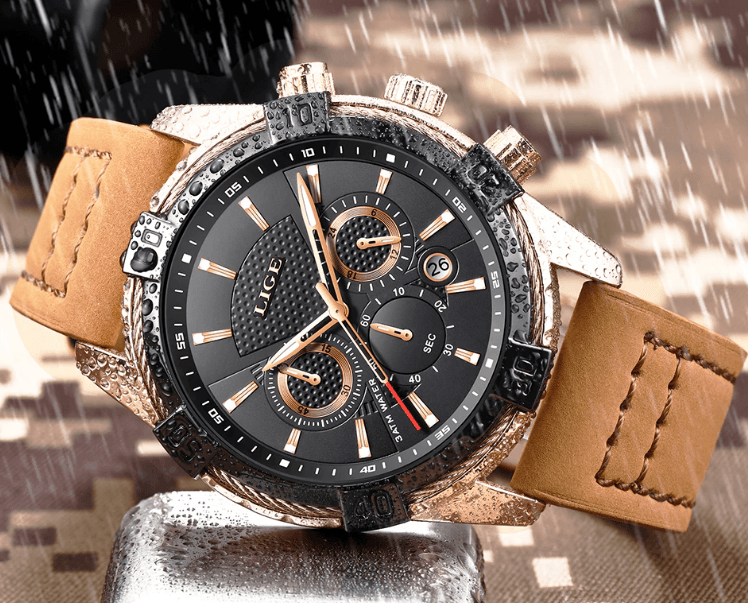 Waterproof Men's Chronograph Watch with Gold Accents and Date