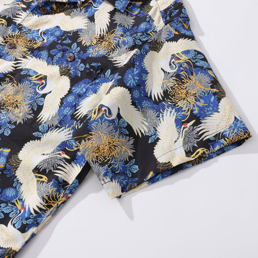 Crane Print Men’s Hawaiian Camp Collar Cotton Resort Shirt
