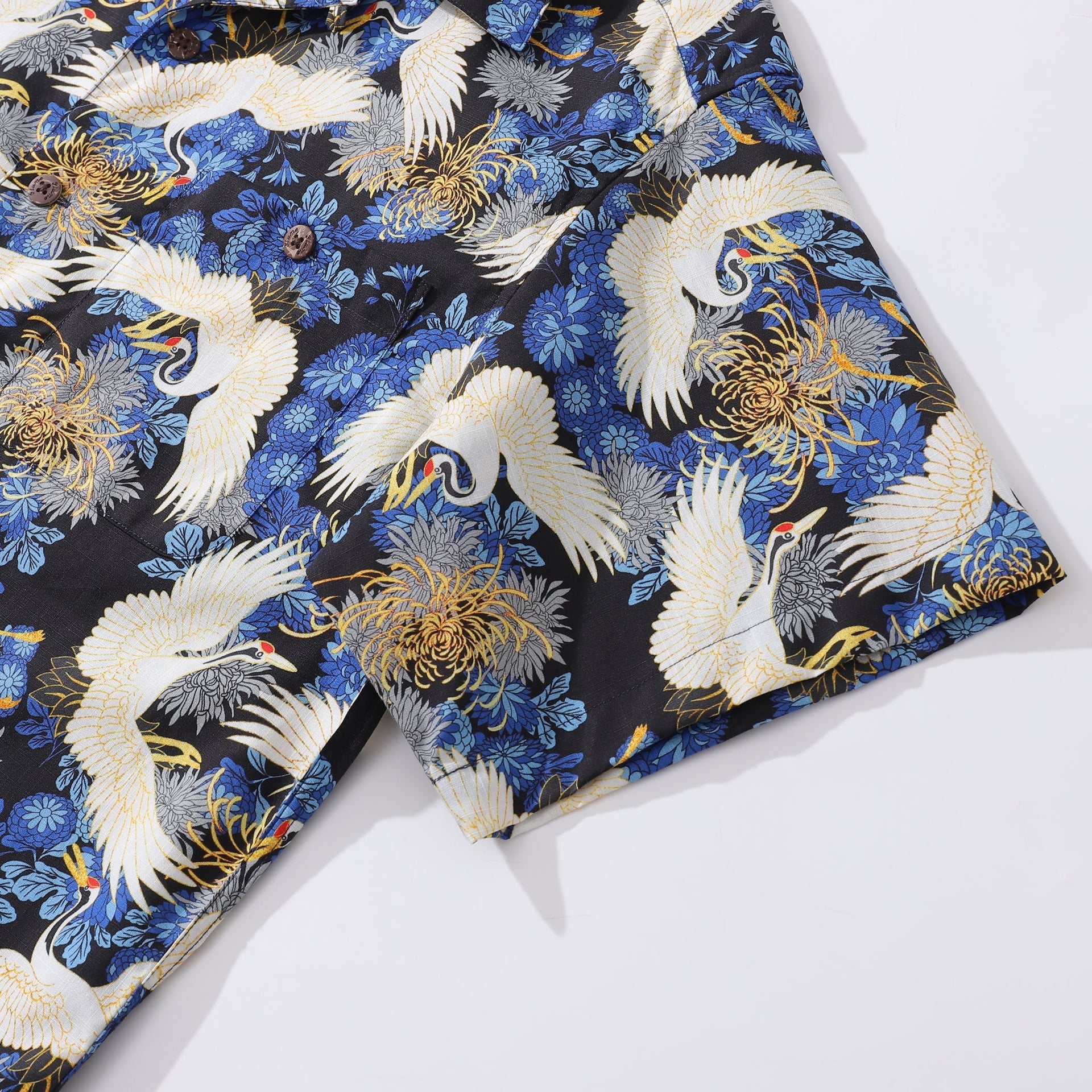 Crane Print Men’s Hawaiian Camp Collar Cotton Resort Shirt