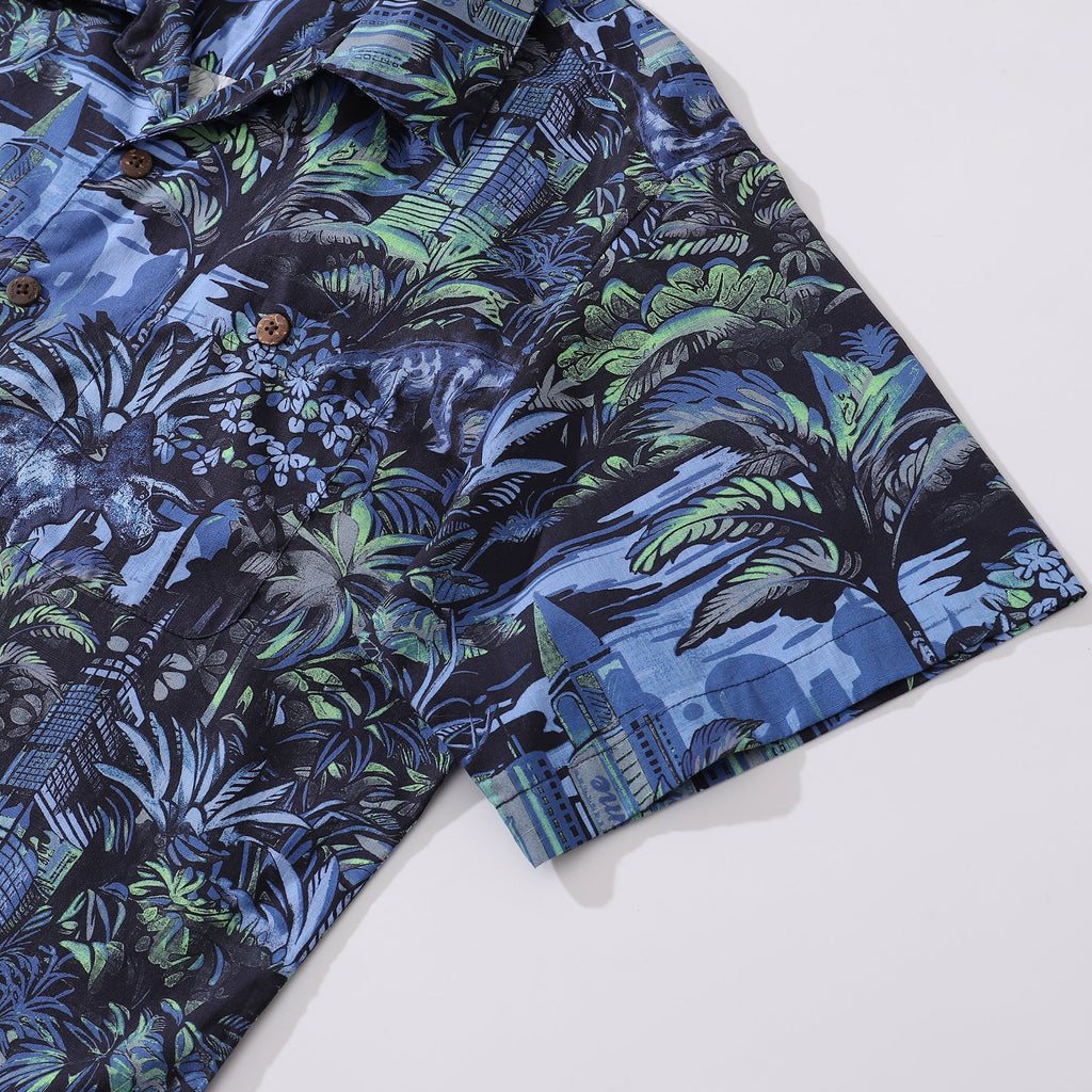Men's Tropical Mirage Dinosaur Print Camp Collar Cotton Shirt