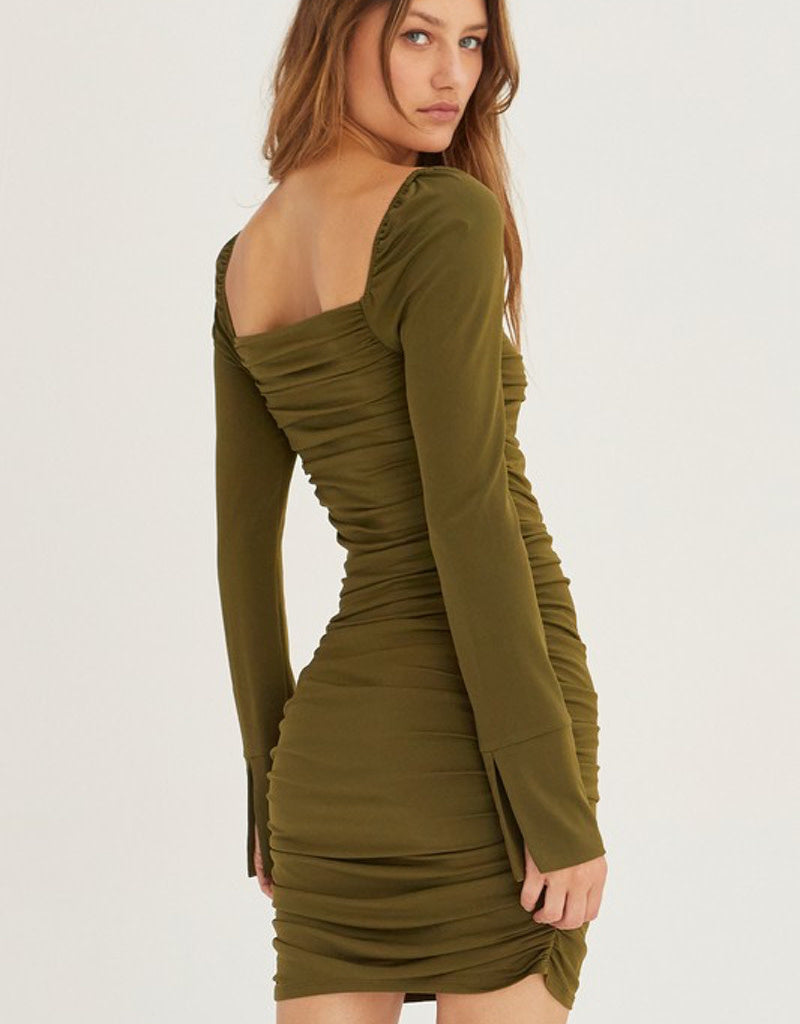 Kylie Ruched Bodycon Knit Mini Dress in Olive