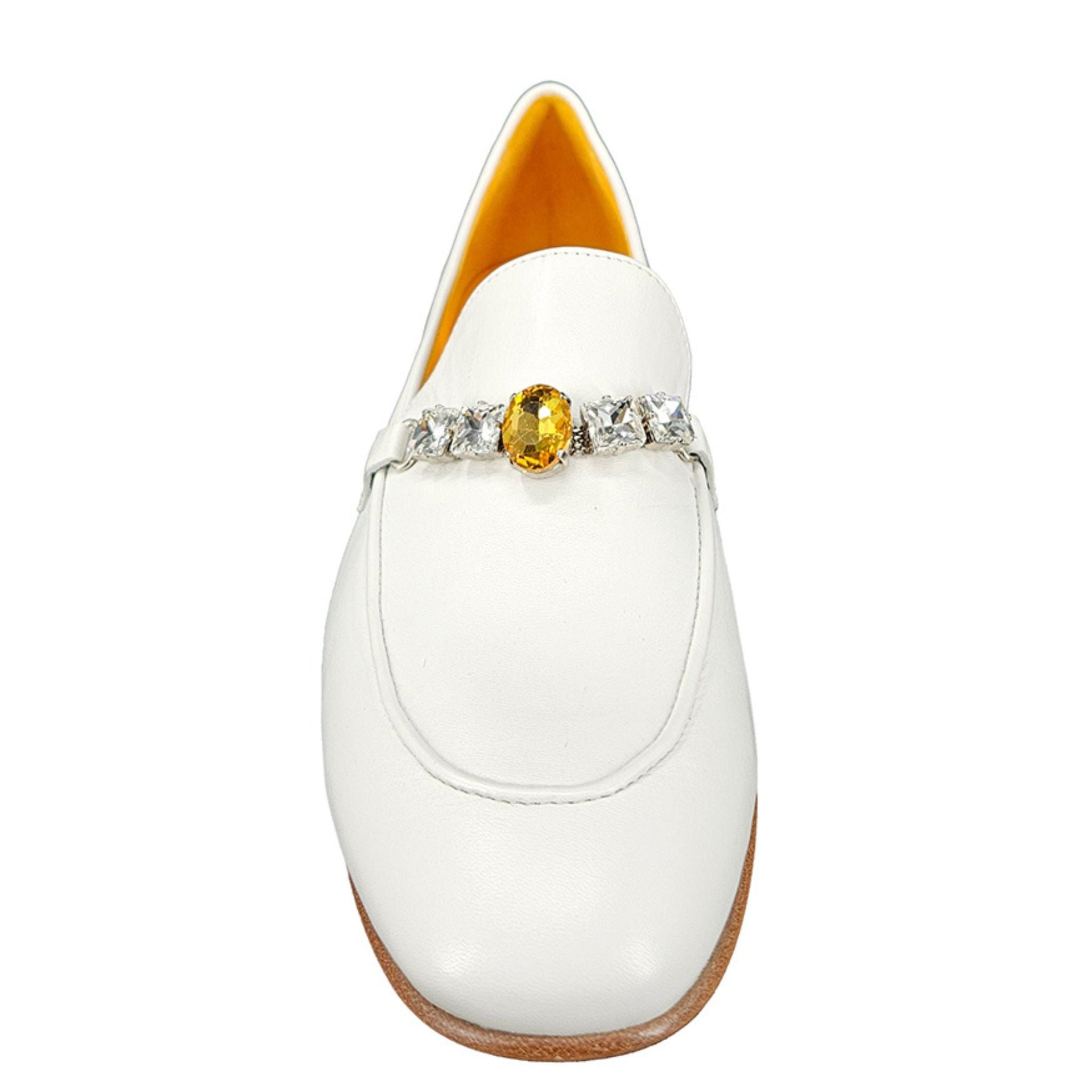 White Leather Flat Jeweled Loafers with Crystal Embellishment