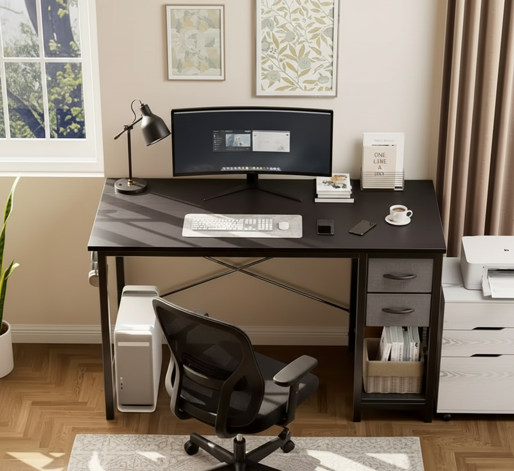 Modern Industrial Computer Desk with Fabric Storage Drawers