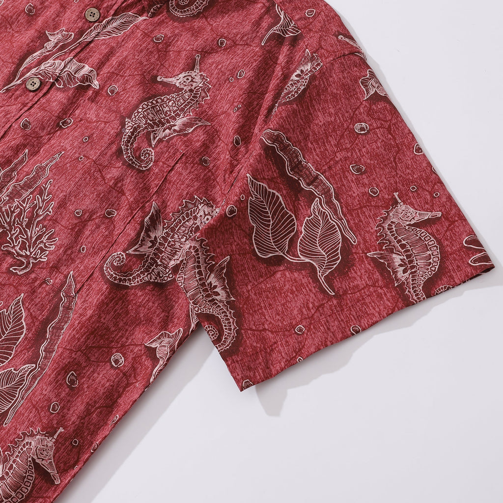 Red Seahorse Print 100% Cotton Short Sleeve Hawaiian Shirt