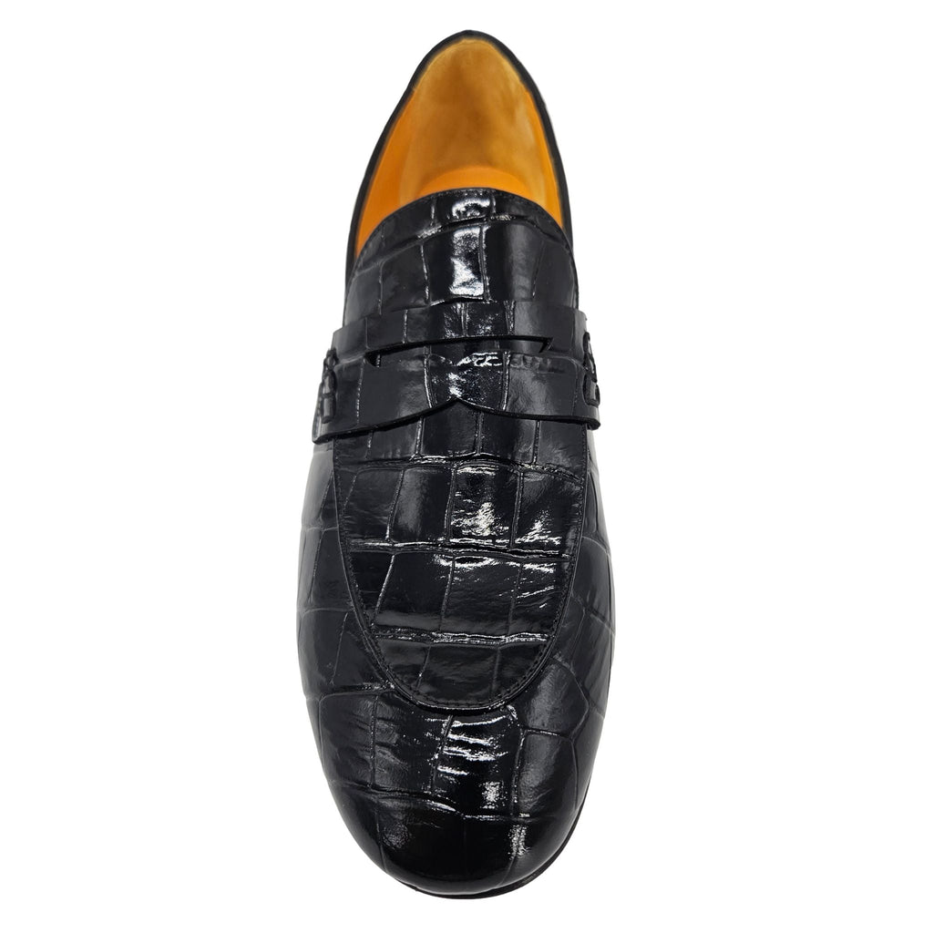 Black Leather Flat Moc Croc Leather Loafer