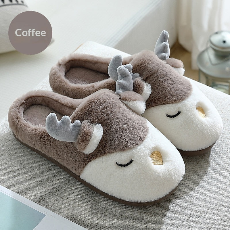 Furry Deer Elk House Slippers Warm Non-Slip Indoor Bedroom Shoes