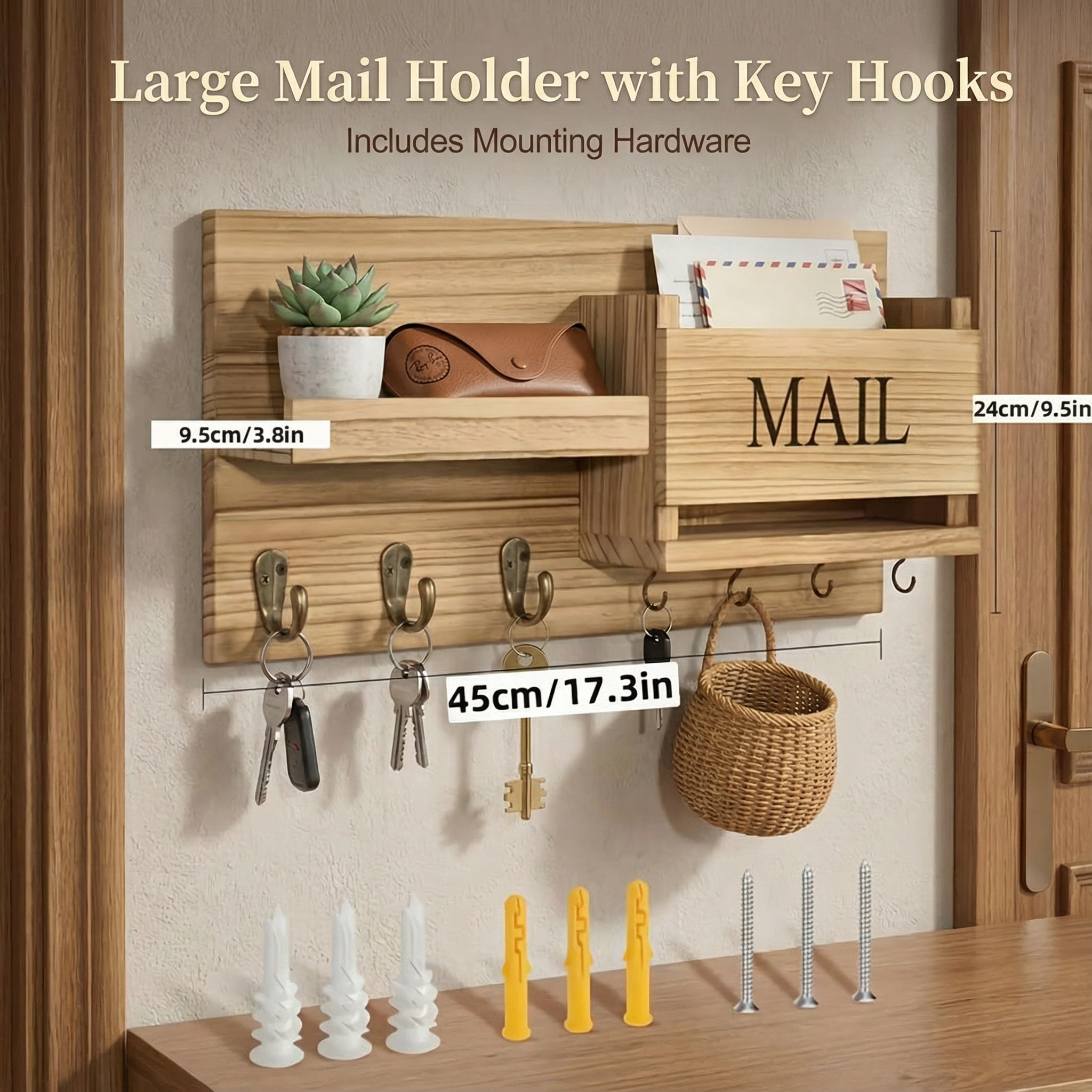 Rustic Wood Wall Organizer with Mail Rack, Key Hooks & Coat Rack