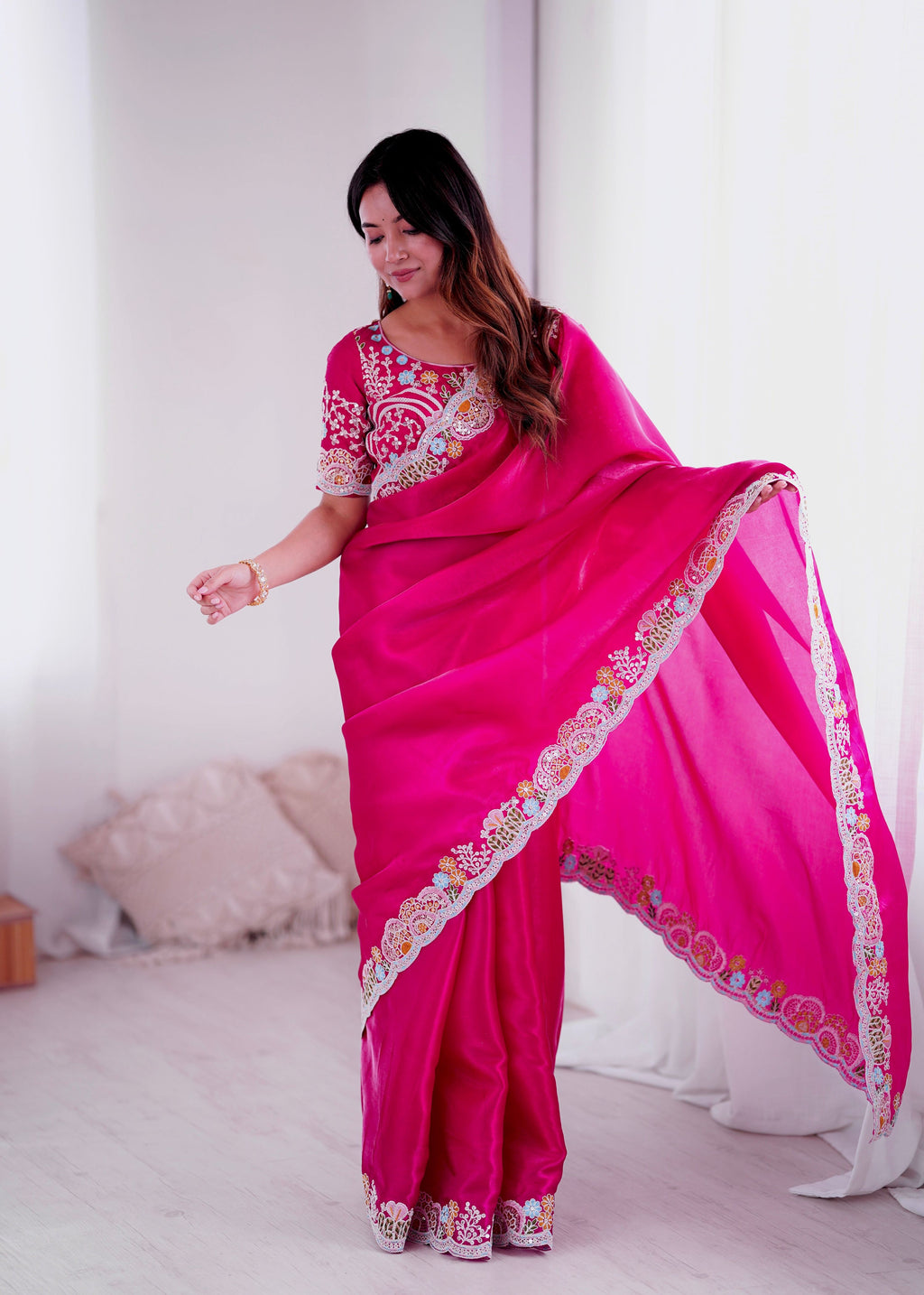 Magenta Jimmy Choo Saree with Sequins and Thread Embroidery Work