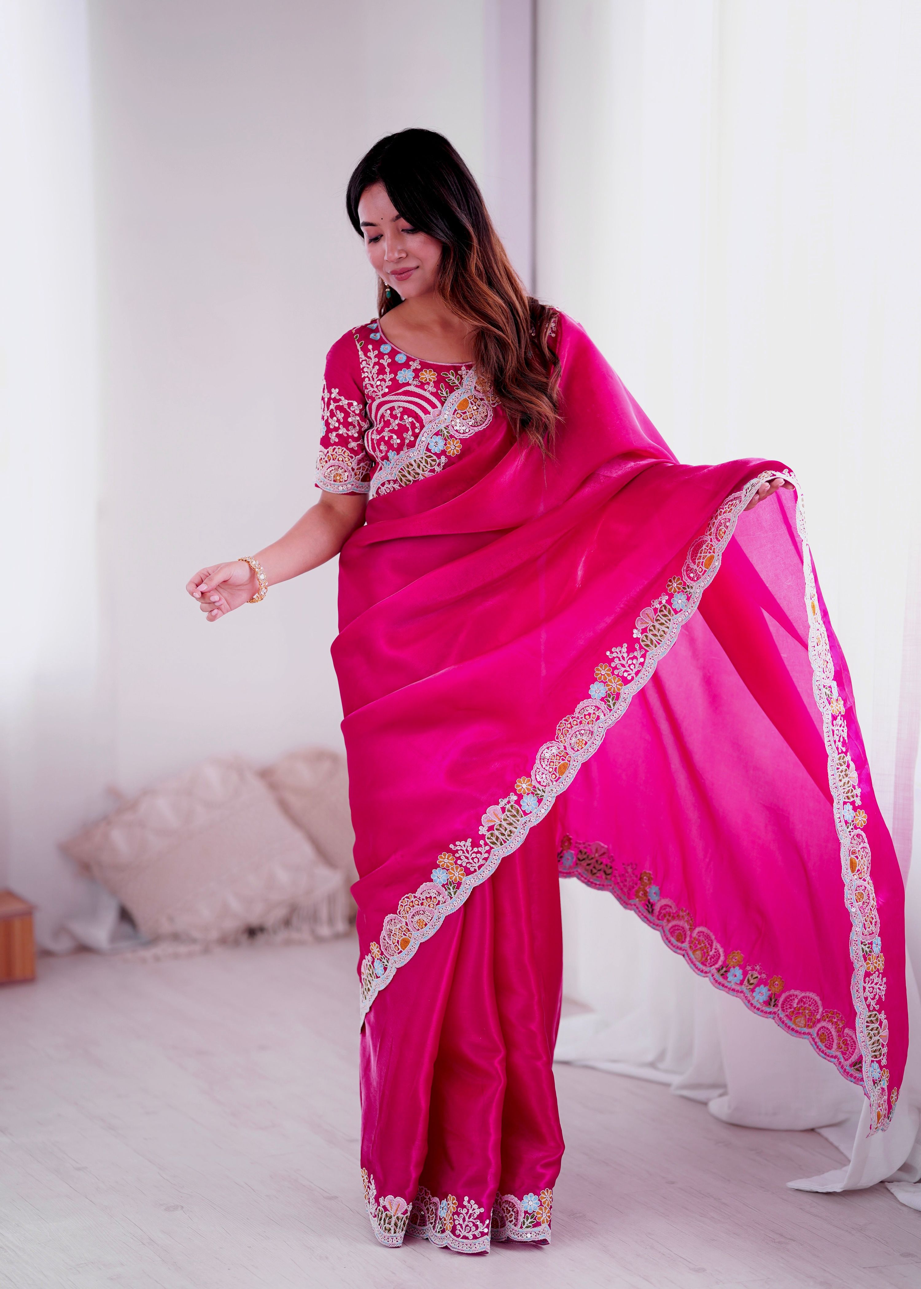Magenta Jimmy Choo Saree with Sequins and Thread Embroidery Work