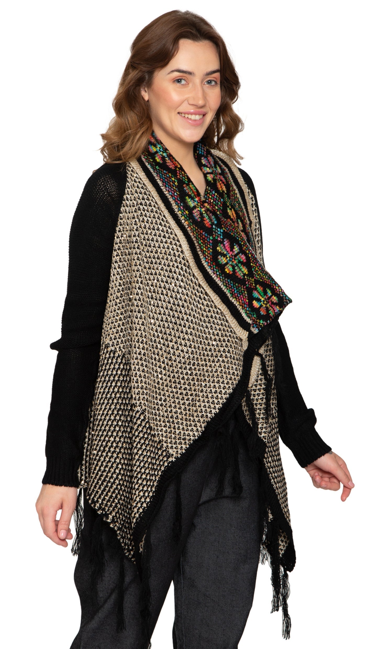 Women's Fringed Jacquard Long Cardigan Open Front Knit Sweater