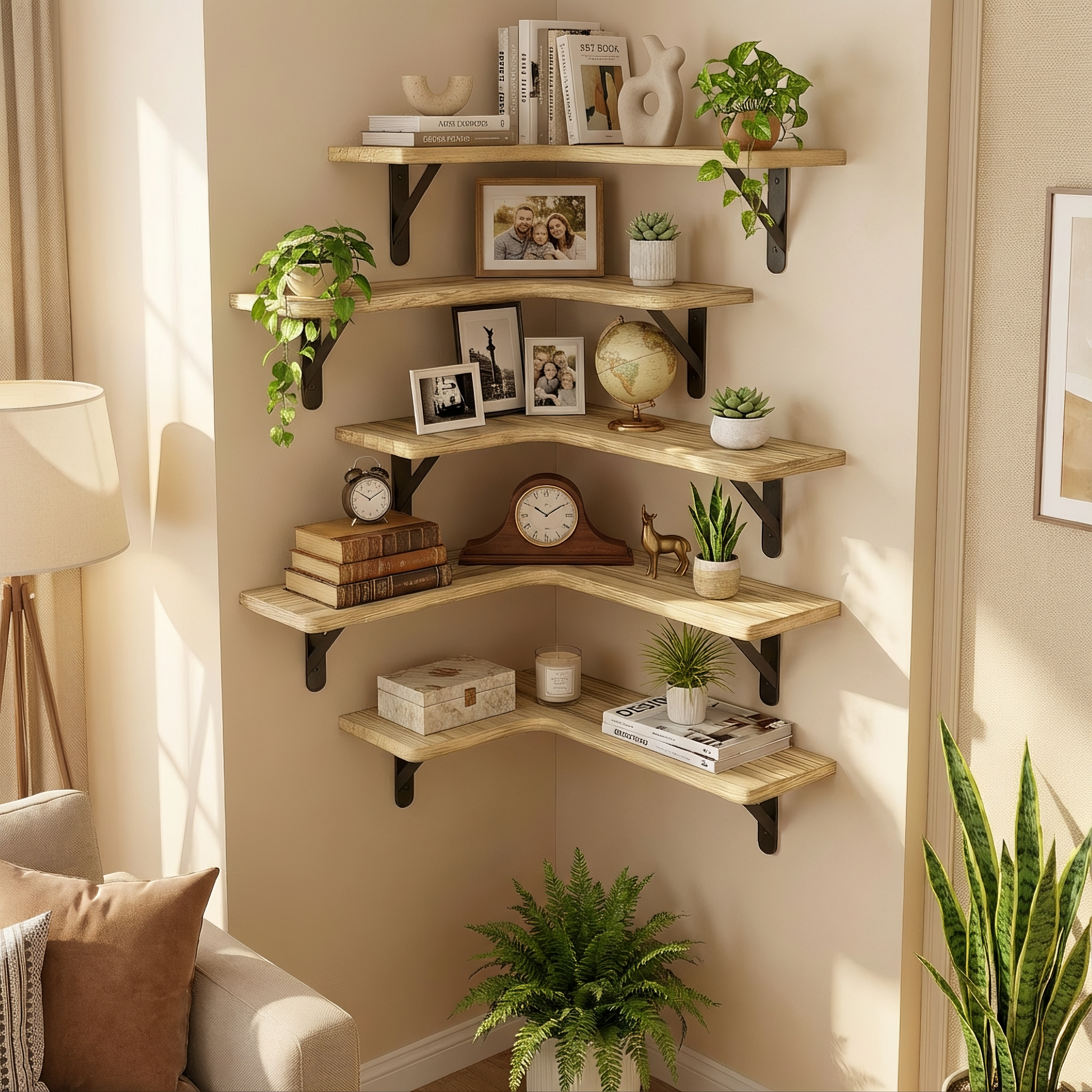 Set of 5 rustic light-wood corner floating shelves with black hardware mounted on a white wall.