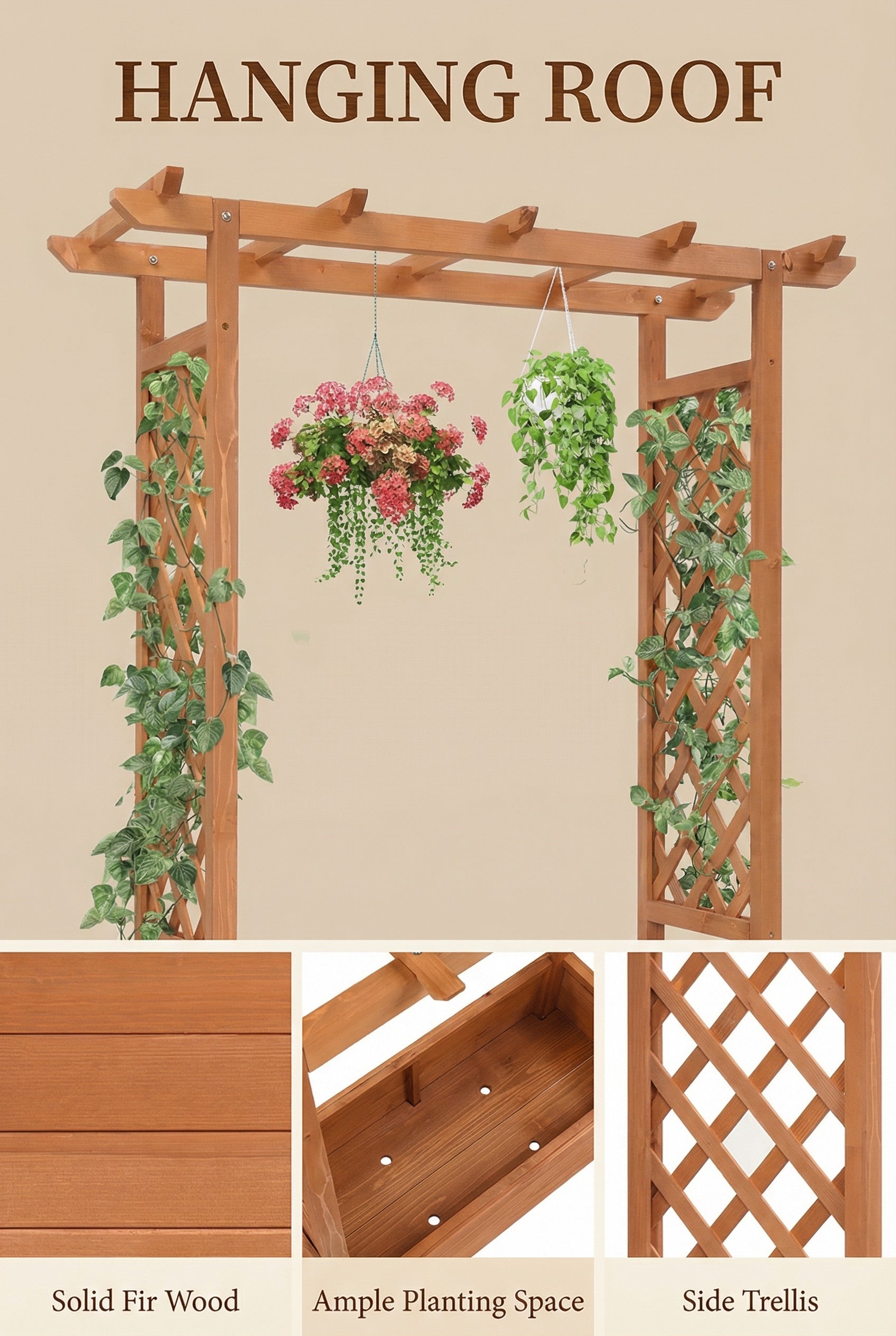 Raised Wooden Planter Box with Trellis for Climbing Plants Brown