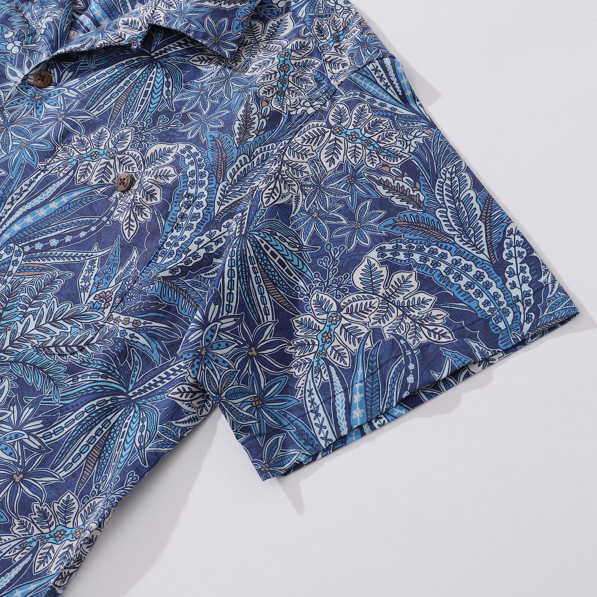Men's Tropical Blues Botanical Print Cotton Camp Collar Shirt