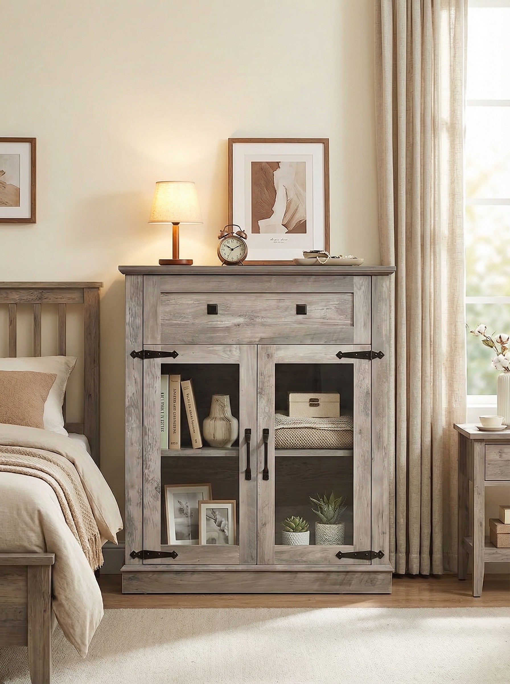 Modern Glass Door Cabinet with Adjustable Shelves, Compact Storage