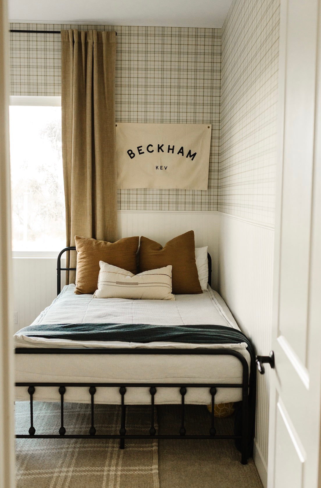 Alcott Plaid Wallpaper in Olive Green and Cream Farmhouse