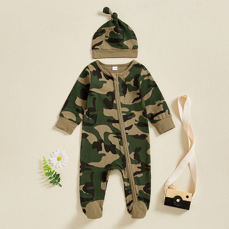 Infant Camo Military-Style Romper Set with Hat and Hairband