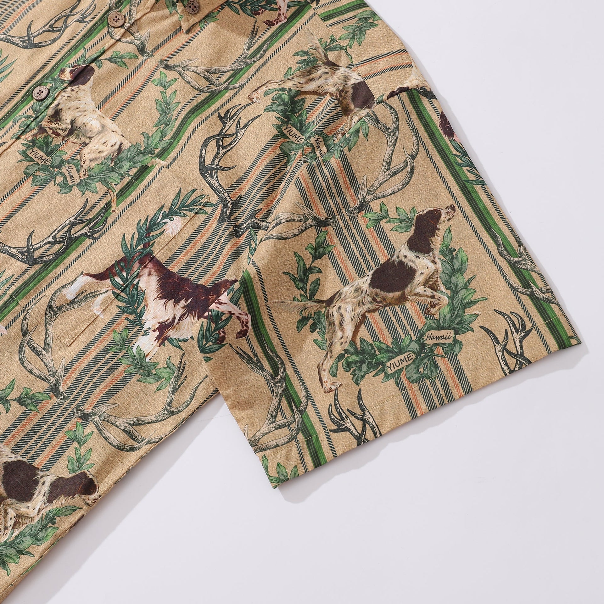 Vintage Outdoorsy Dog Print Hawaiian Shirt in Tan, Brown, Green