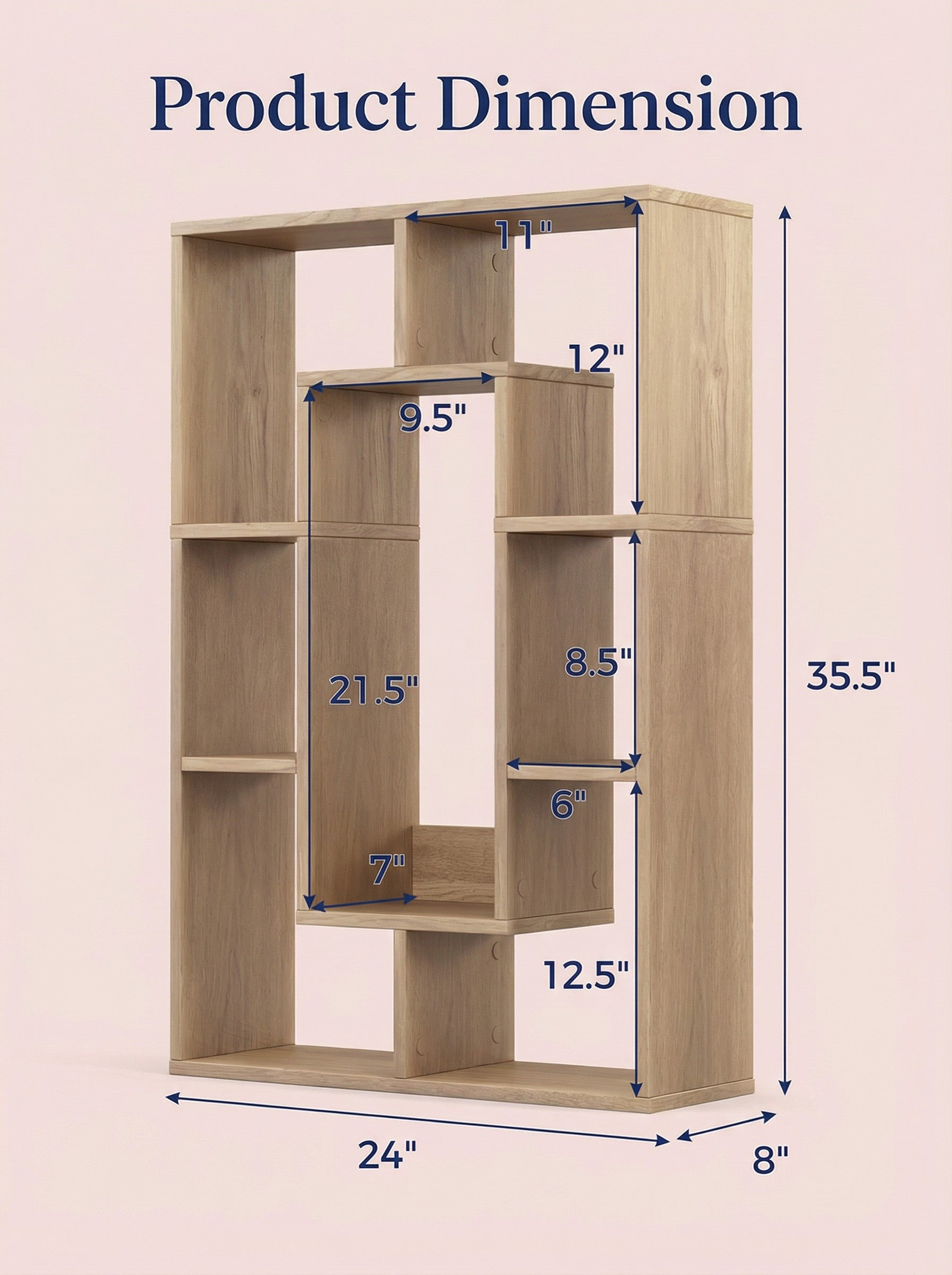 7-Tier Geometric Bookshelf, Narrow Bookcase for Small Spaces