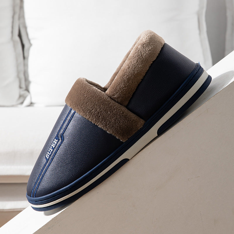 Waterproof Faux Leather Memory Foam Slippers with Plush Warm Lining