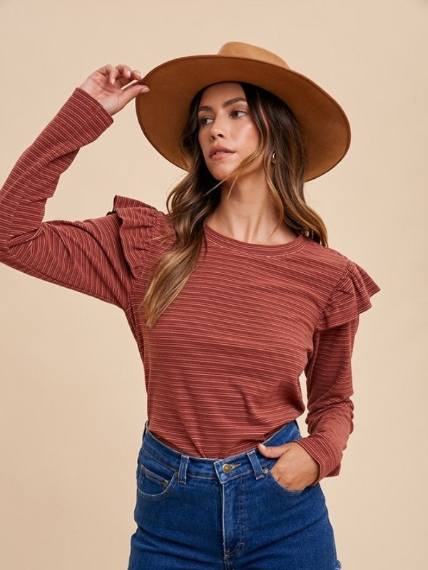 Soft Touch Striped Ruffle Shoulder Top in Brick Red