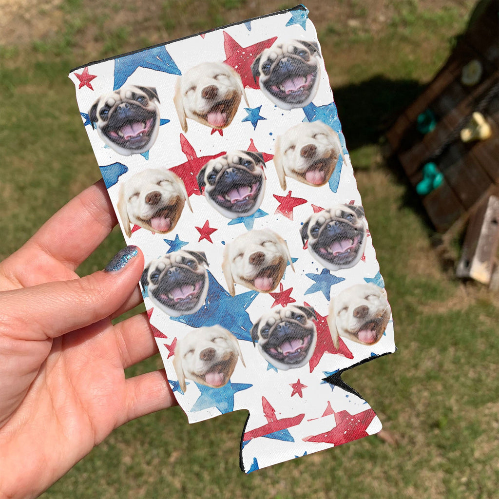Personalized Patriotic Paws & Stars Can Cooler | Custom Pet Photo Can Holder | 4th Of July Can Sleeve | Independence Day Gift 682393