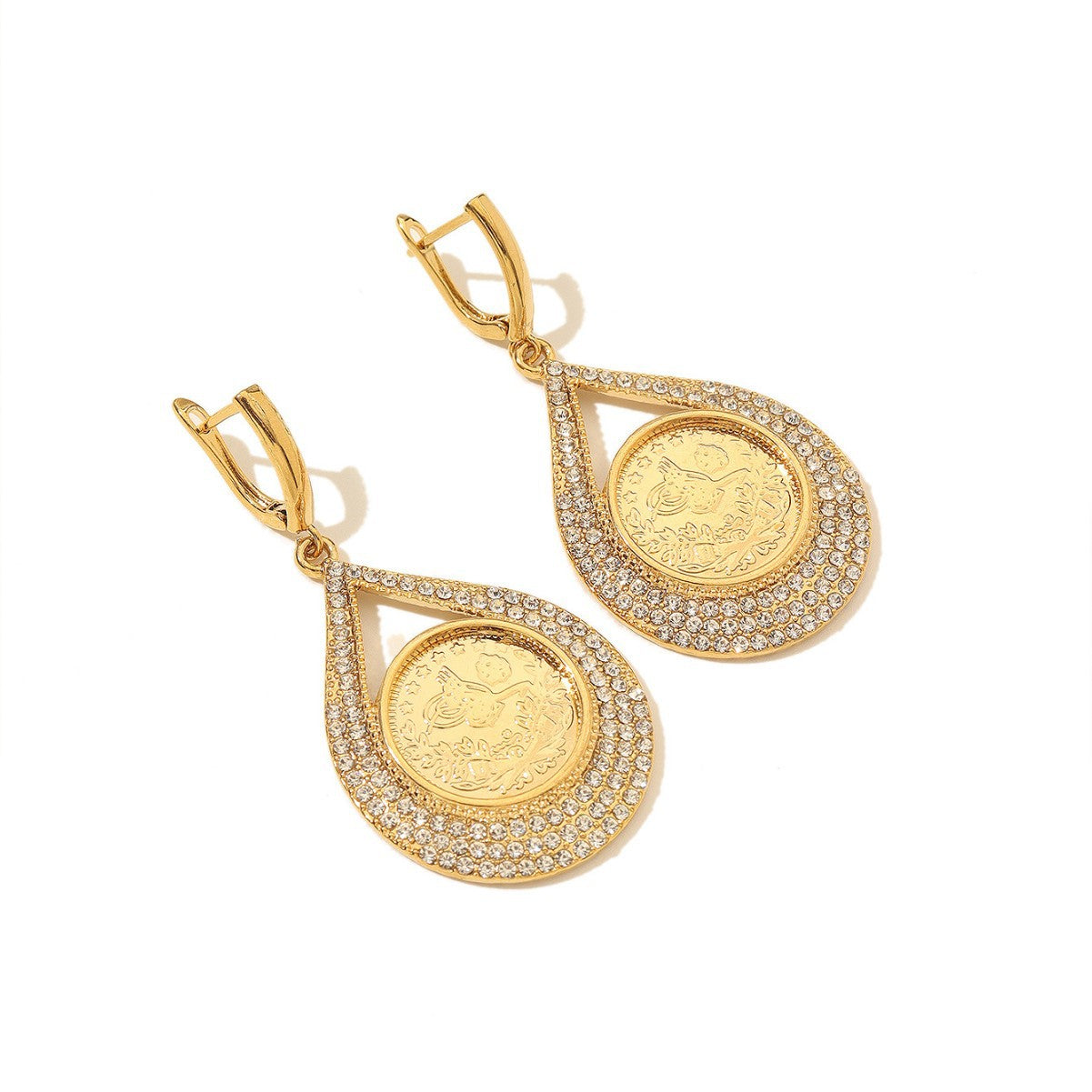 18K Gold-Tone Coin Stud Earrings with Crystal Accent Vintage Style