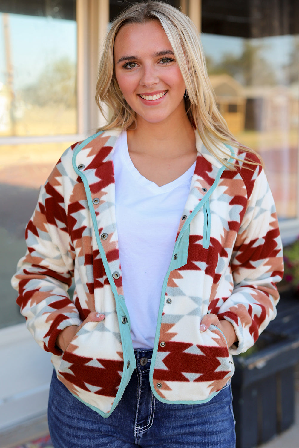 Fiery Red Western Aztec Fleece Jacket | Buttoned Zipper Pockets