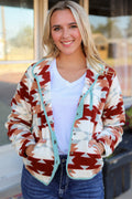 Fiery Red Western Aztec Fleece Jacket | Buttoned Zipper Pockets