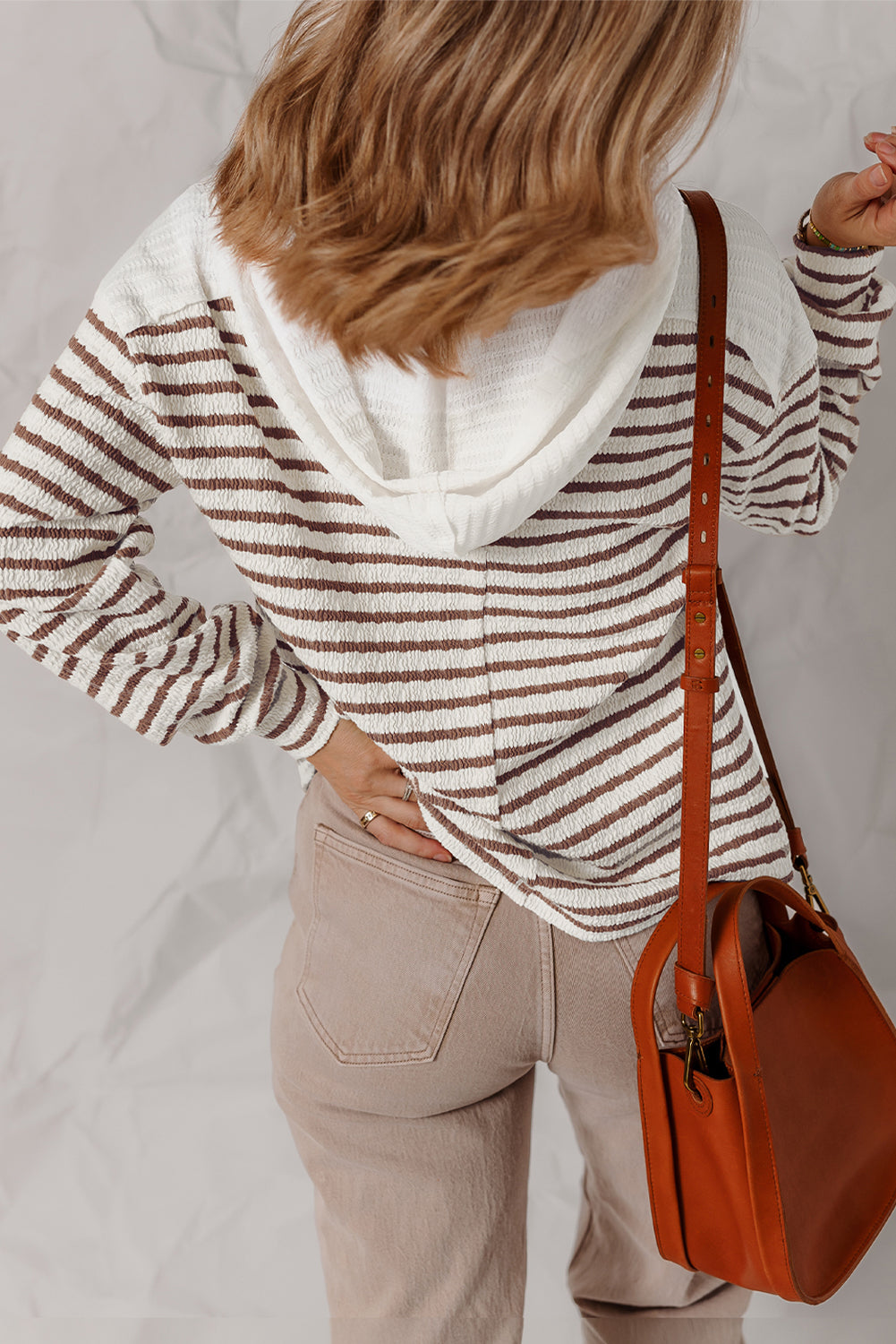 Black Stripe Textured Hooded V Neck Casual Long Sleeve Top