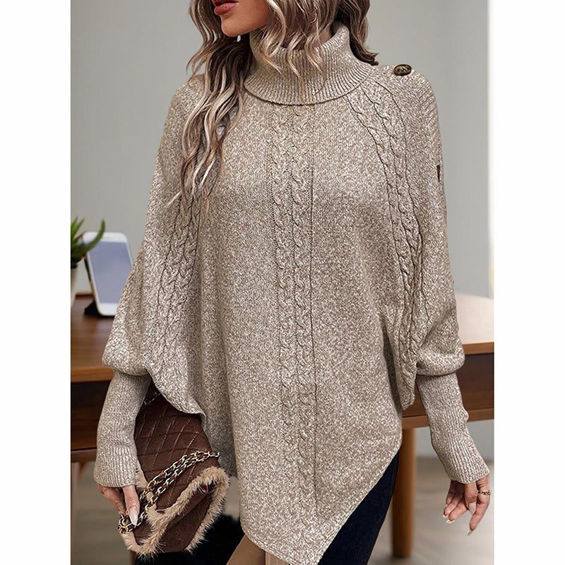Women's Button Detail Turtleneck Sweater with Asymmetric Hem - Image 5