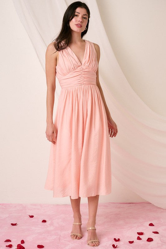 Ruched V-Neck Sleeveless Midi Dress for Women