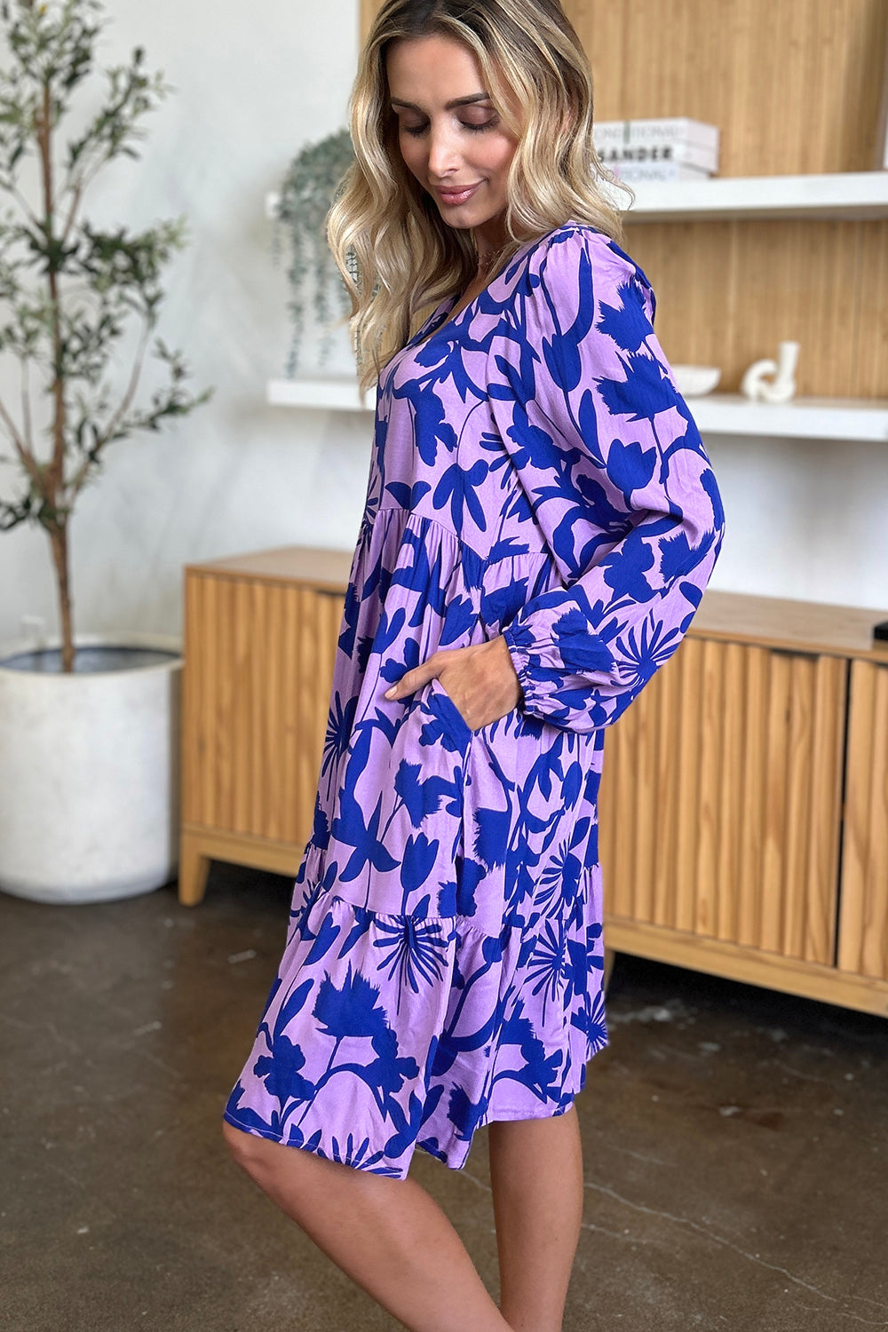 Printed Ruffle Hem Dress with Functional Pockets