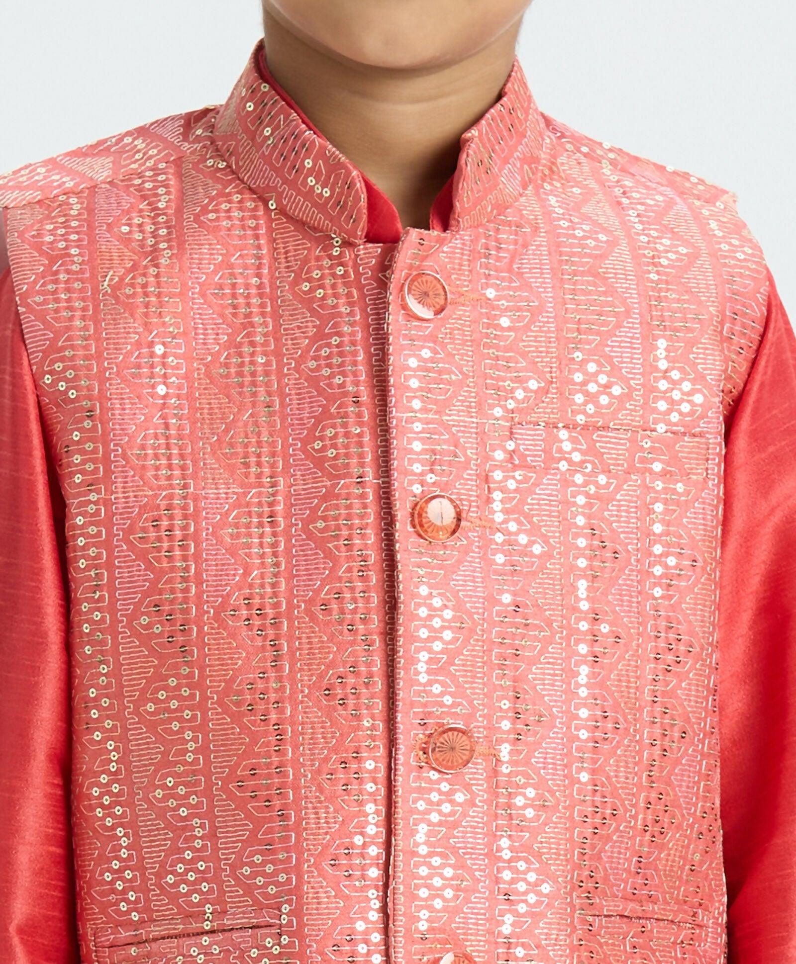 Kids Tomato Red Nehru Jacket Kurta Pajama Set with Sequin Work
