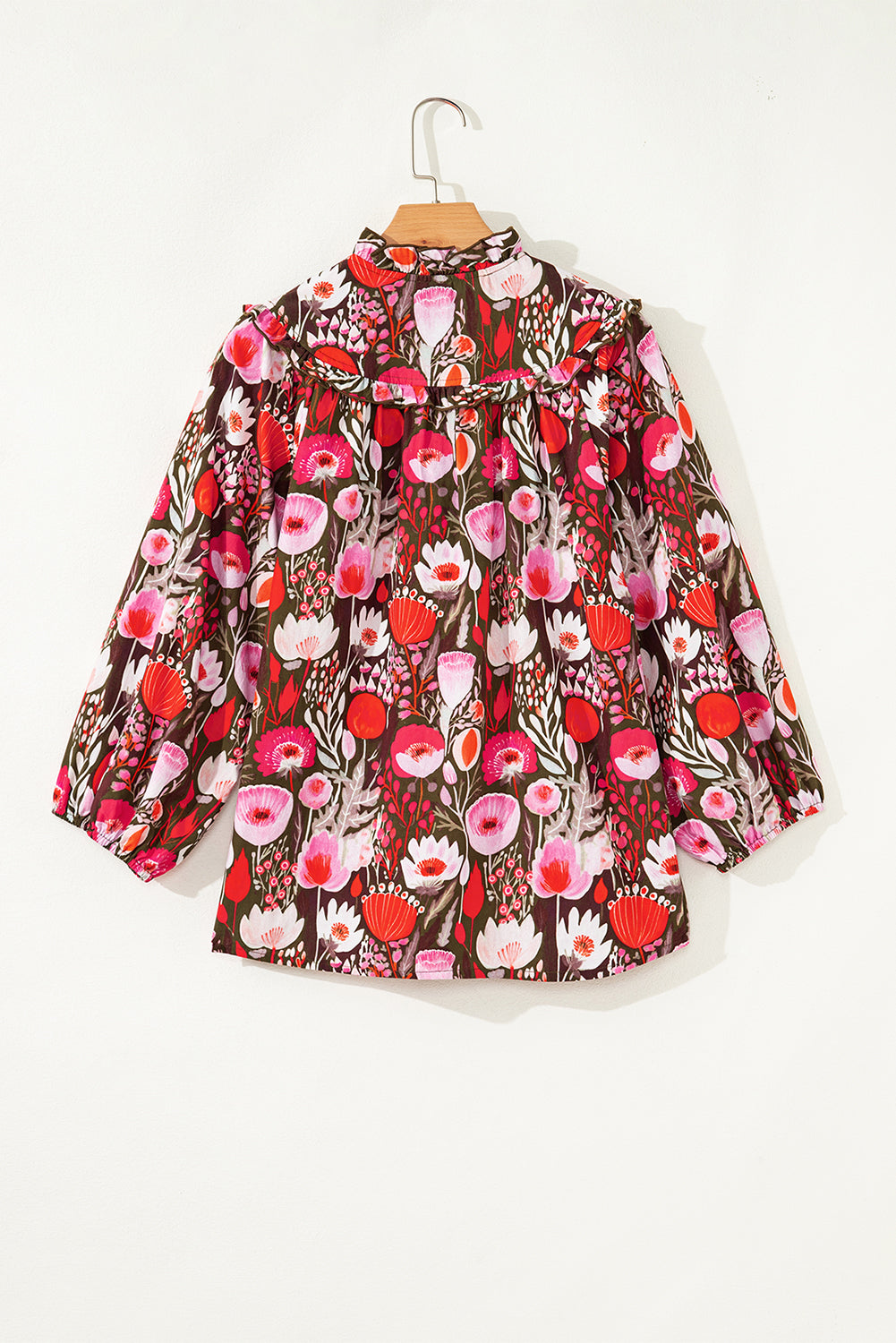 Women's Floral 3/4 Sleeve Lace-Up Neck Blouse