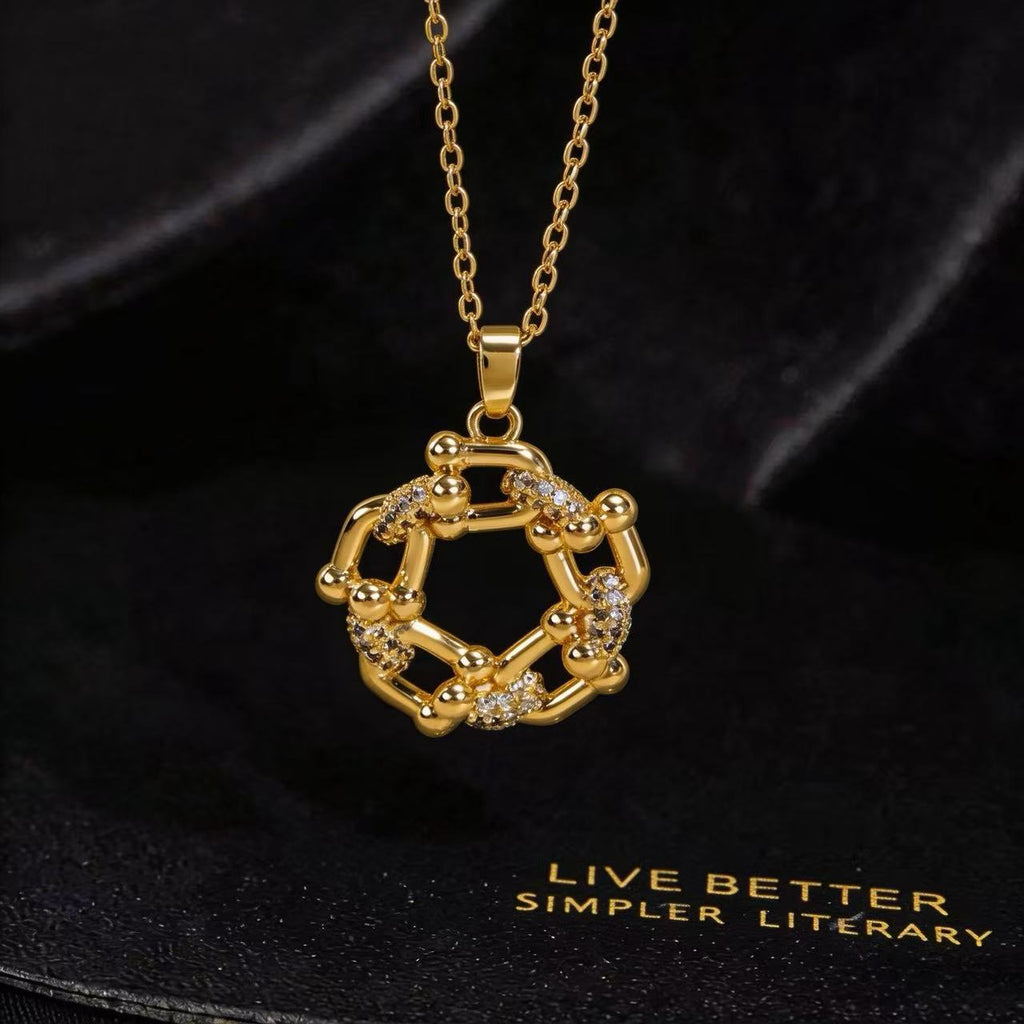 Unique Full Zircon Horseshoe Shaped Ring Necklace, Copper Micro Inlaid Zircon Exquisite Element Style Necklace Accessories