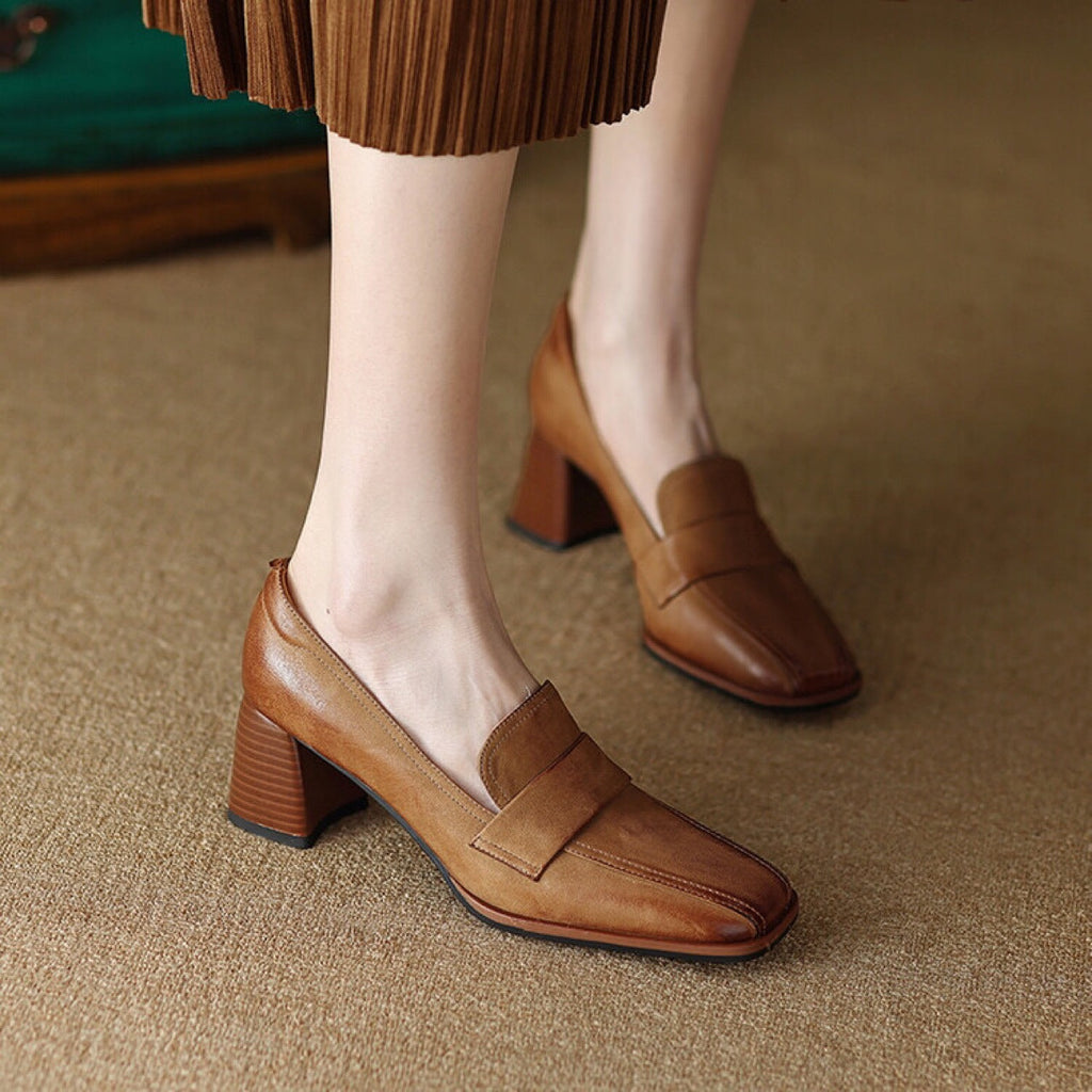 Women's Square Toe Chunky Heel Sheepskin Pumps Retro Dress Shoes - Image 2