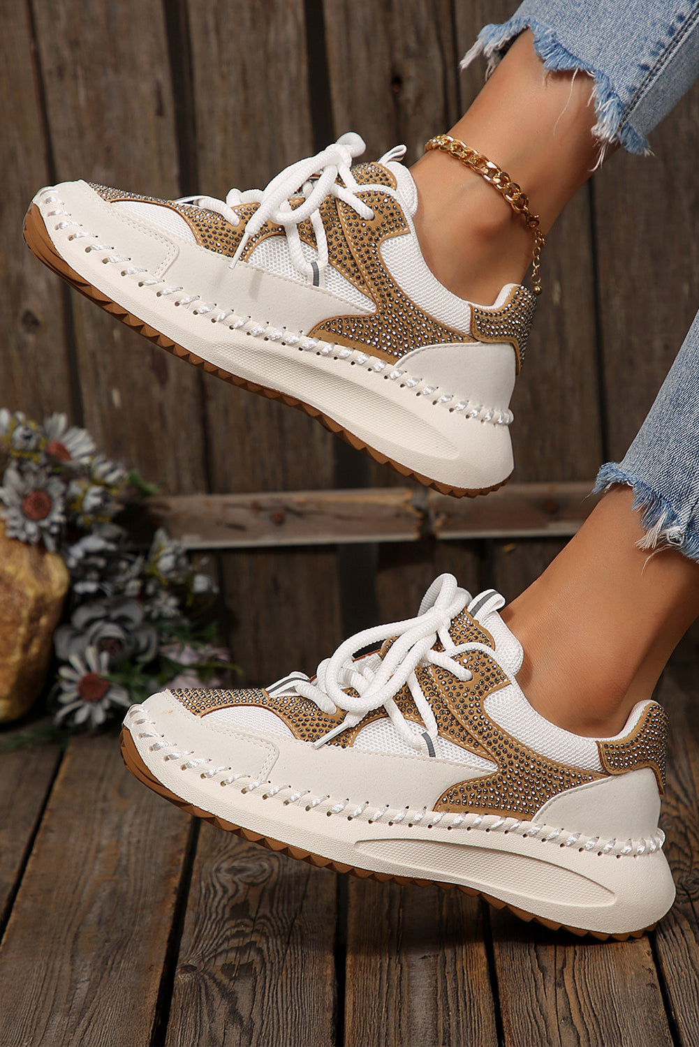 White Rhinestone Platform Sneakers Casual Lace Up Trainers
