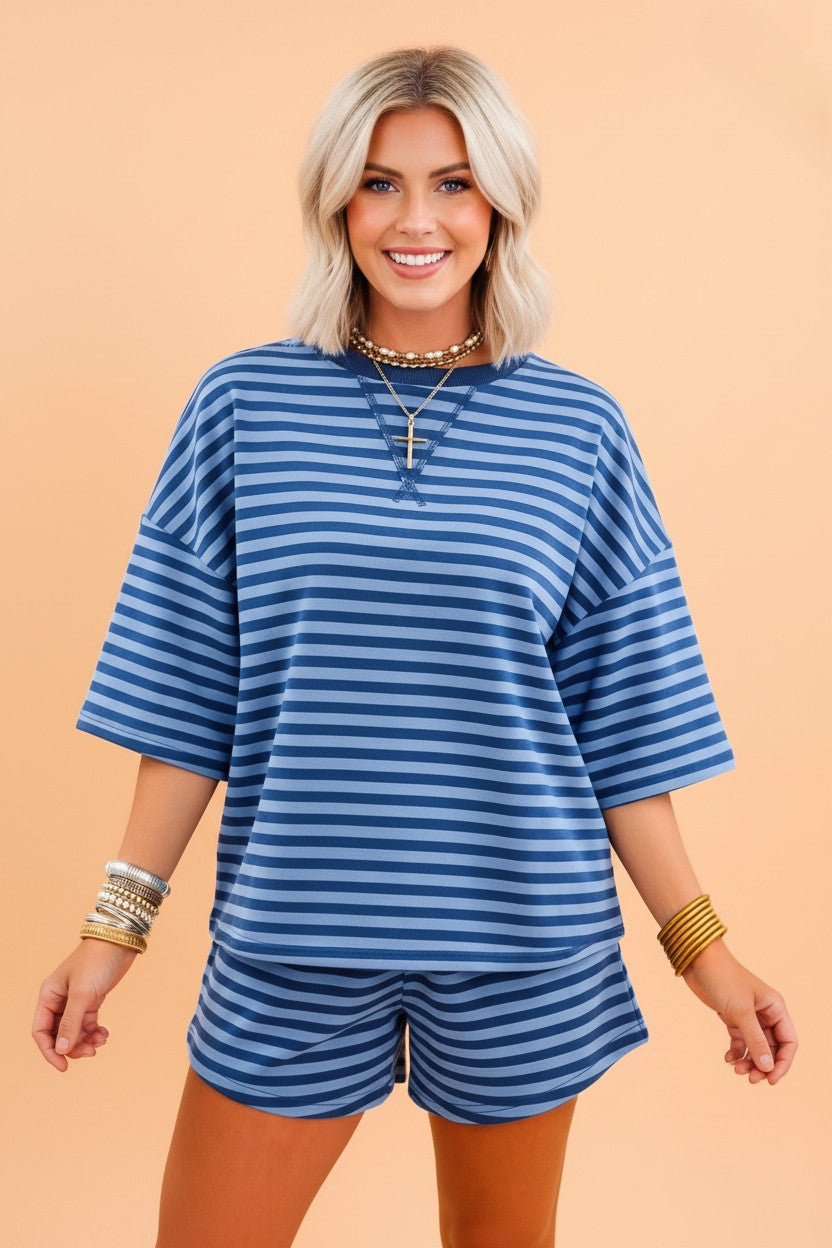 Red and Blue Striped Short Sleeve Top and High Waist Shorts Set - Image 7