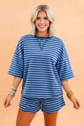 Red and Blue Striped Short Sleeve Top and High Waist Shorts Set - Image 7